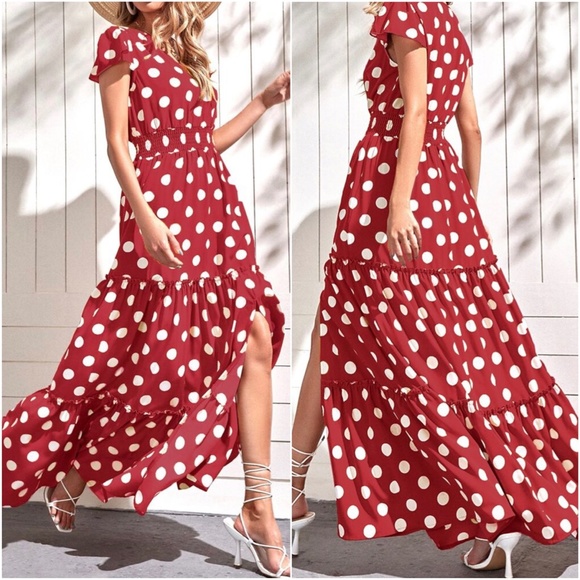 Boho Lilac Purple Polka Dot V neck Ruffle Maxi Dress - Picture 6 of 6